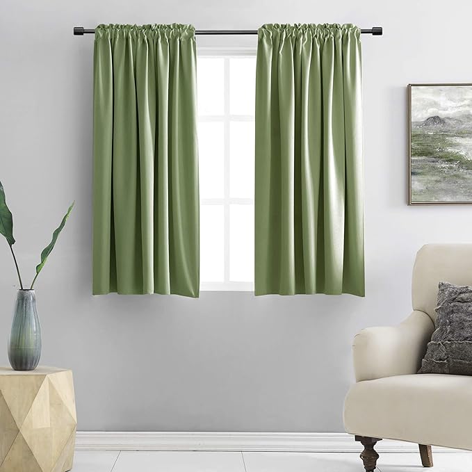 DONREN Sage Green 45 Inch Length Short Curtains for Boy's Room - Bedroom Blackout Thermal Insulated Curtain Panels with Rod Pocket (42 by 45 Inch,2 Panels)