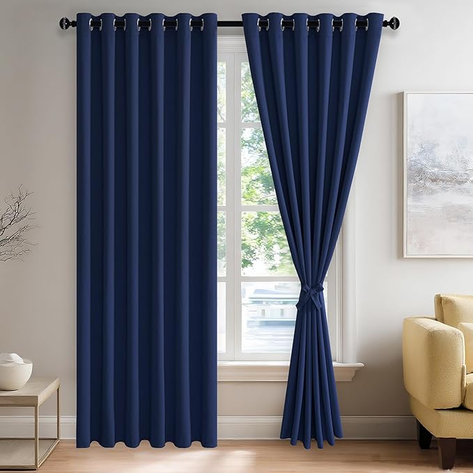 JIUZHEN Navy Blue Blackout Curtains with Tiebacks Thermal Insulated, Light Blocking and Noise Reducing Grommet Curtains for Bedroom and Living Room, Set of 2 Window Curtain Panels, 70 x 84 Inch Length