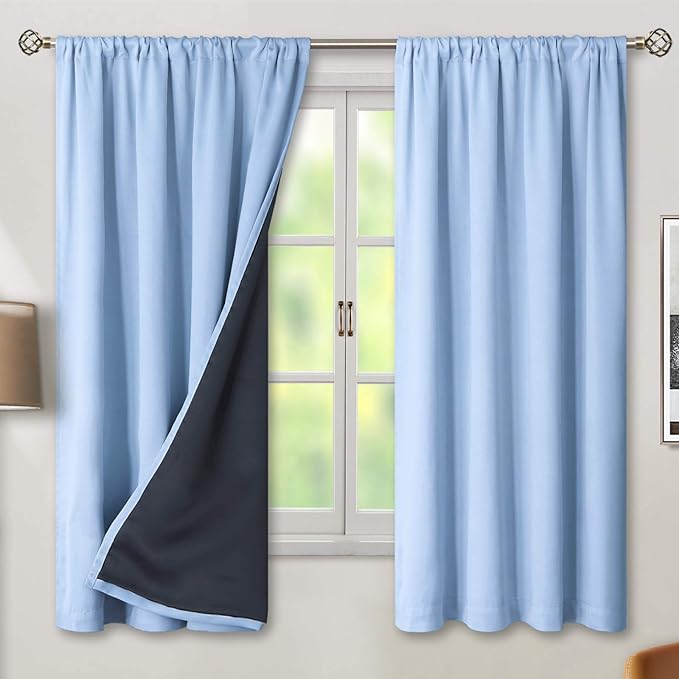 BGment Thermal Insulated 100% Blackout Curtains for Bedroom with Black Liner, Double Layer Full Room Darkening Noise Reducing Rod Pocket Curtain (42 x 63 Inch, Spa Blue, 2 Panels)
