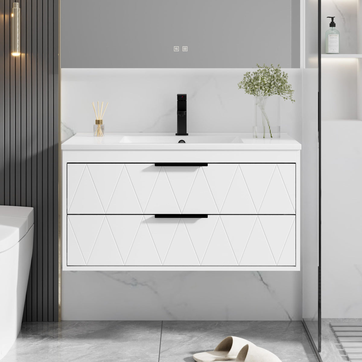 eclife 36" Floating Bathroom Vanity with Sink Combo, Modern Wall-Mounted Vanities Cabinet W/Decor Lines, Soft-Closing Drawers, Single White Sink, Faucet & Drain, White