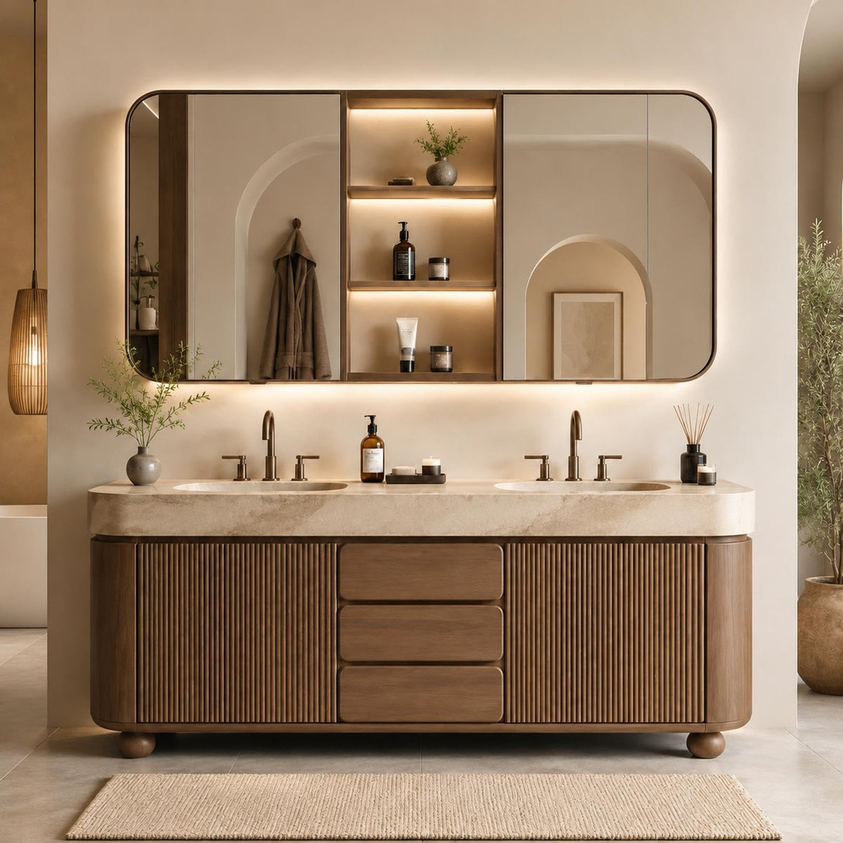 106 IN Freestanding Double-Sink Bathroom Vanity with LED Mirror Cabinet