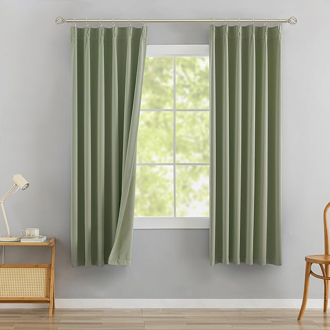 DONREN Sage Green Pinch Pleated Blackout Curtains with Hooks - 72 inch Length Room Darkening Thermal Insulated Window Curtain Drapes for Living Room Bedroom Set of 2 Panels 40" Wx72 L