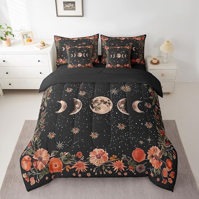 Feelyou Sun Moon Trippy 7 Piece Bedding Set Queen Size Red Floral Comforter Set with Sheets for Kids Adult Boho Nature Bed in a Bag Starry Galaxy Bed Set