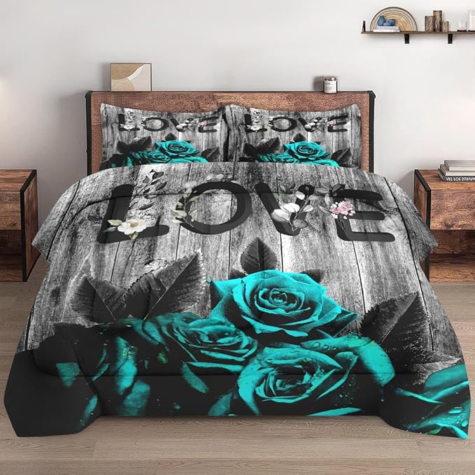 Queen Size Comforter Set with 2 Pillowcases, Cyan Rose Flower Love 3 Pcs Bedding for Kids and Adults, Summer Vintage Woodboard Soft Comforter Set for Bedroom Bed Decor