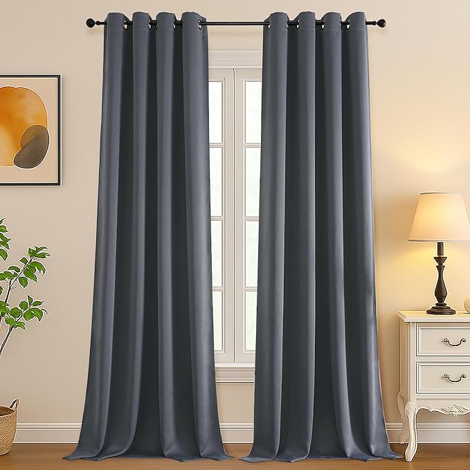 Simplebrand Grey Room Darkening Curtains for Bedroom Living Room 108 Inches Long 2 Panels Set, Thermal Insulated Curtains & Drapes, Solid Grommet Noise Reducing Window Treatment, W50 x L108 Inch