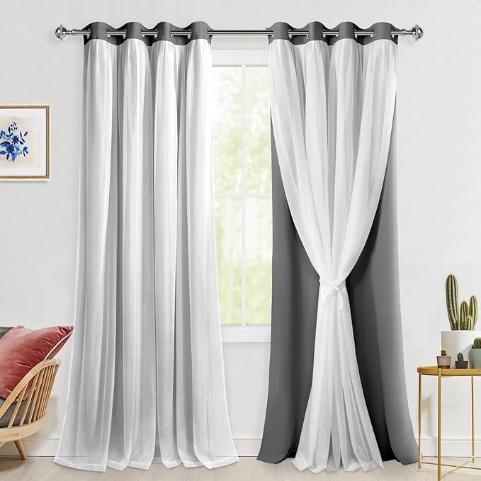 Hiasan Grey Blackout Curtains with White Sheer Overlay, Mix & Match Double Layer Thermal Insulated Grommet Window Curtains for Bedroom, Living Room, Nursery, 2 Drape Panels with Tiebacks, 52W X 96L