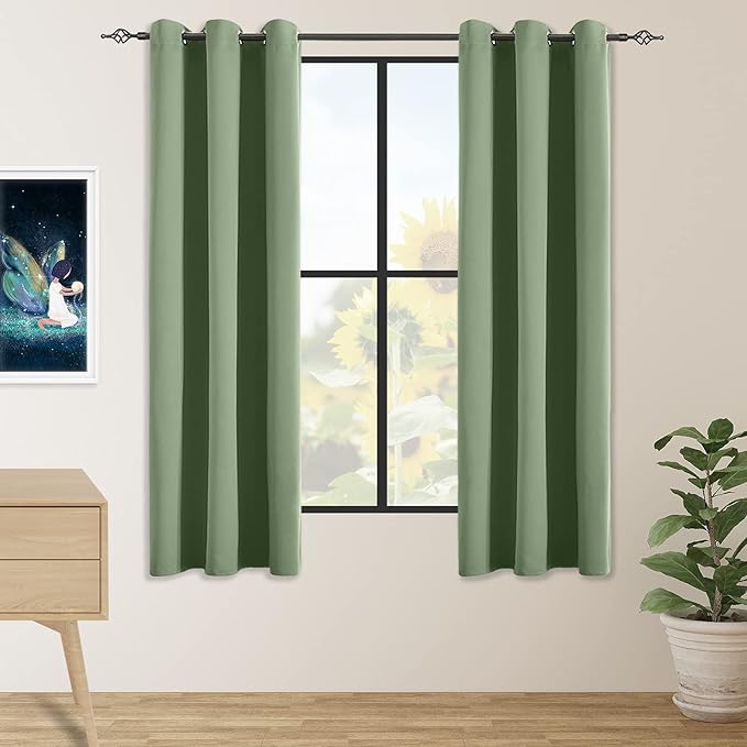 Blackout Curtains for Bedroom Thermal Insulated Light Blocking Room Darkening Curtains Solid Grommet Window Drapes for Living Room, Set of 2 Curtain Panels 42 W x 63 L inch Long Greyish Green