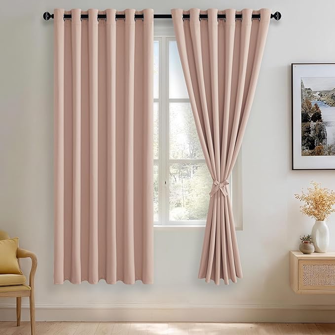 JIUZHEN Blush Pink Blackout Curtains with Tiebacks Thermal Insulated, Light Blocking and Noise Reducing Grommet Curtains for Bedroom and Living Room, Set of 2 Window Curtain Panel, 70 x 72 Inch Length