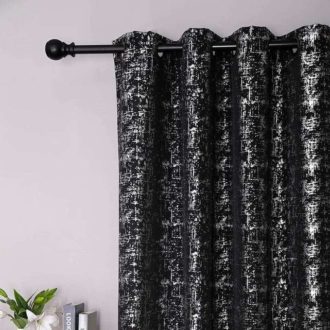 Taisier Home Silver Foil Print Linen Textured Curtains Geometric Dots Pattern Design Curtains for Nursery Toy Room Thermal Insulated Window Treatment 2 Panels 54" L,Black and Silver Curtain