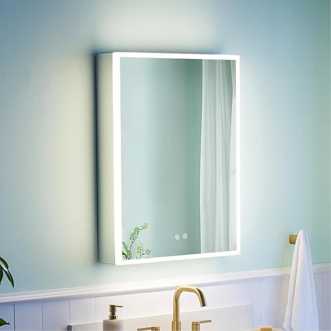 WELLFOR 24" X 30" Medicine Cabinet With Lights, 3X Magnification, Anti-Fog Mirrored Cabinet, Bathroom Vanity With Outlets & USB Ports, Left Opening Door