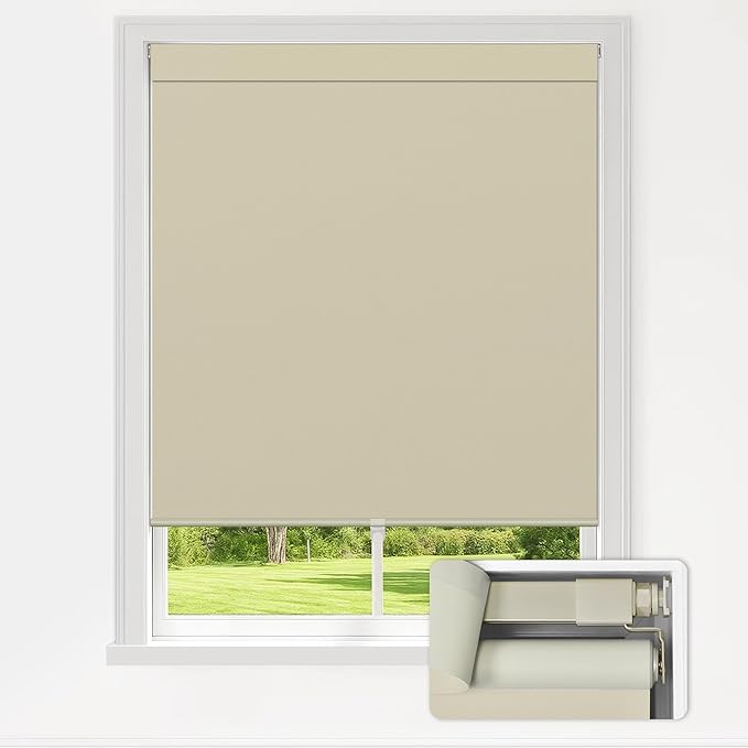 LazBlinds No Drill Blinds for Indoor Windows, Blackout Roller Shades, Cordless Window Blackout Blinds, Thermal Insulated Fabric UV Protection for Home and Office, 27.5" W x 48" H, Beige
