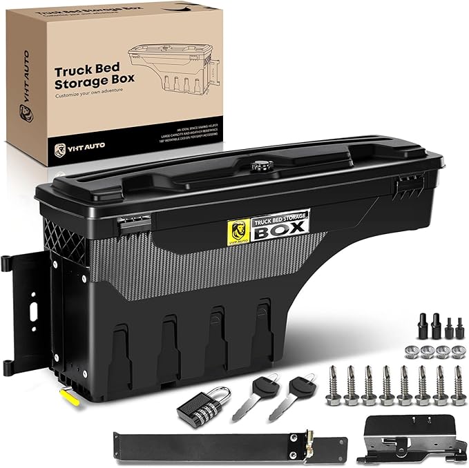 YHTAUTO Truck Bed Storage Tool Box Lockable Compatible with 2002-2018, 2020-2021 Dodge Ram 1500 2500 3500, 2019-2021 Ram 1500 Classic Driver Side, Not Fit Ram Box, Swing Waterproof Wheel Well Toolbox