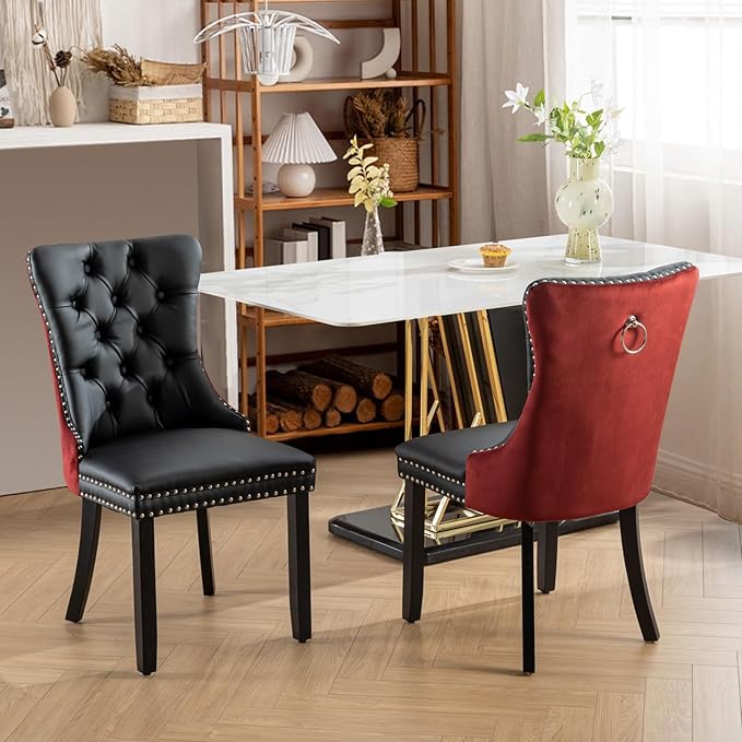 SoarFlash Leather Dining Chairs Set of 2, Tall Back Side Chair, Modern Upholstered Side Chair with Button Back Ring, Solid Wood Legs (Black&Red)