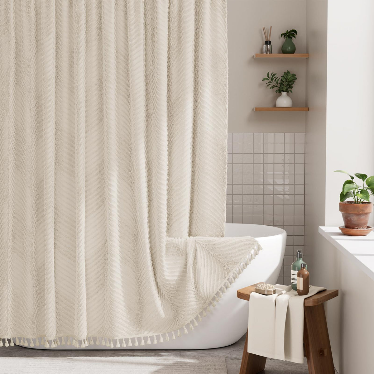 AmazerBath Boho Farmhouse Shower Curtain with Tassels, Soft Cloth Beige Shower Curtain Set, Herringbone Chevron Minimalist Fabric Rustic Shower Curtain with Hooks, Hotel Quality, 72x72 Inches