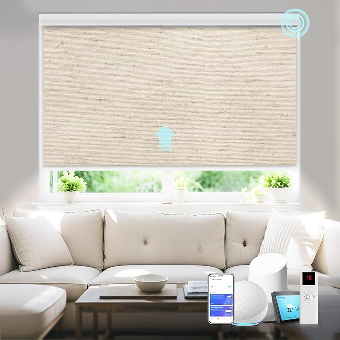 Motorized Blinds with Remote Smart Blackout Shades Electric Curtains Automatic Roller Blinds Shades for Indoor Windows Cordless with Alexa Google Home(Blackout Soft Dune Linen,W59.5X H62)