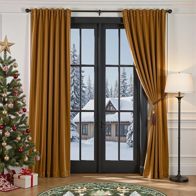 Lazzzy Gold Brown Blackout Velvet Curtains 96 Inches Long Thermal Insulated Room Darkening Curtain Drapes Luxury Back Tab Window Treatments for Bedroom Living Room 2 Panels, 52 x 96 Inch, Golden Brown