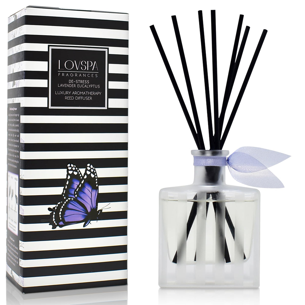 LOVSPA Reed Diffuser Set, DE-Stress Lavender Eucalyptus Scented Oil Diffuser with Sticks, Home Fragrance Accessories for Bathroom Shelf Decor, Aroma Diffusers for Home or Office Desk, USA Made