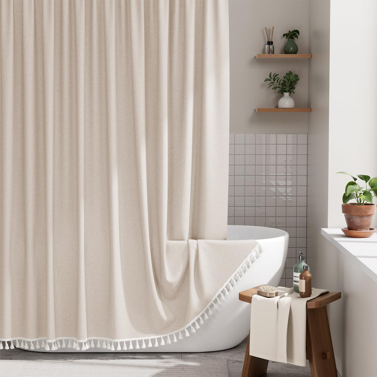 AmazerBath Boho Shower Curtain for Bathroom, 72x72 Beige Shower Curtain with Tassels, Modern Farmhouse Shower Curtain Set with Hooks, Neutral Faux Linen Light Tan Toned, Water Repellent