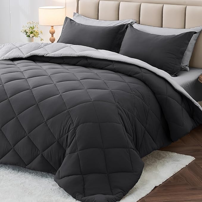 MUXHOMO 5 Pieces Twin XL Comforter Set, Reversible Bed in a Bag Twin XL Size, All Season Bedding Set with Comforter, Flat Sheet, Fitted Sheet, Pillowcases & Shams, Dark Grey & Light Grey