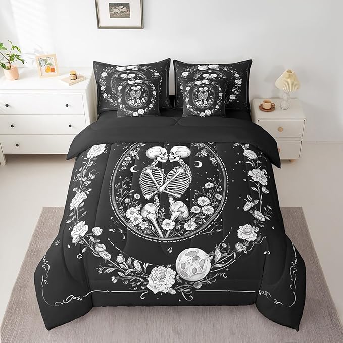 Feelyou Sun and Moon Comforter Set King Size 7 Pieces Comforters Gothic Skull Skeleton Bedding Set Rustic Garden Flower Bed Set Bed in a Bag with Comforter, Sheets, Pillowcases & Cushion Covers