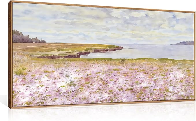 HOURIA Watercolor Pink Floral Coastal Landscape Framed Canvas Wall Art Set,Nature Inspired Wildflower & Meadow Cottage Field Wall Decor,Modern Seaside Beach Artwork for Living Room,Farmhouse-20"x40"x1