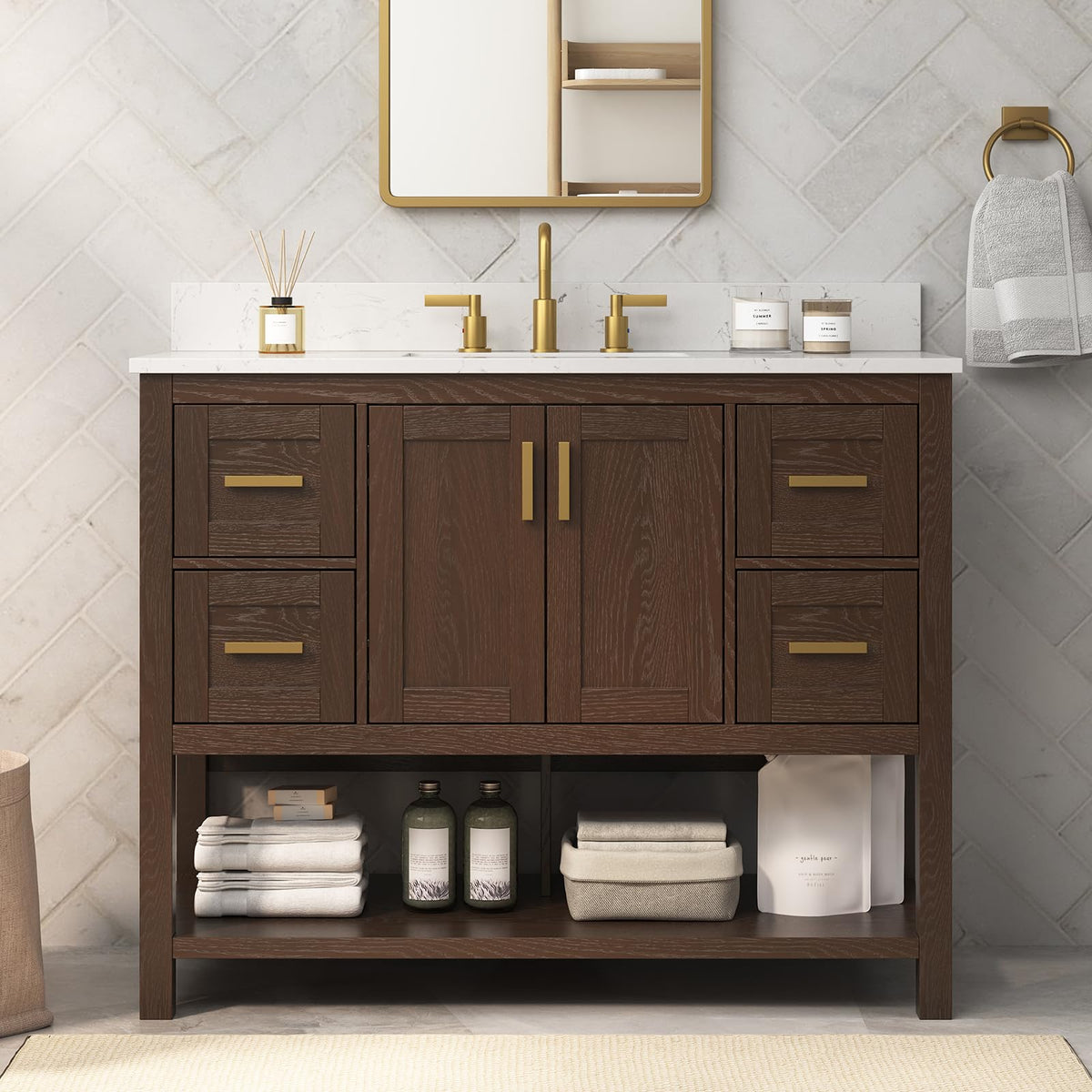DELUXE LIVING 42 Inch Bathroom Vanity with Sink, Fully-Assembled, Walnut