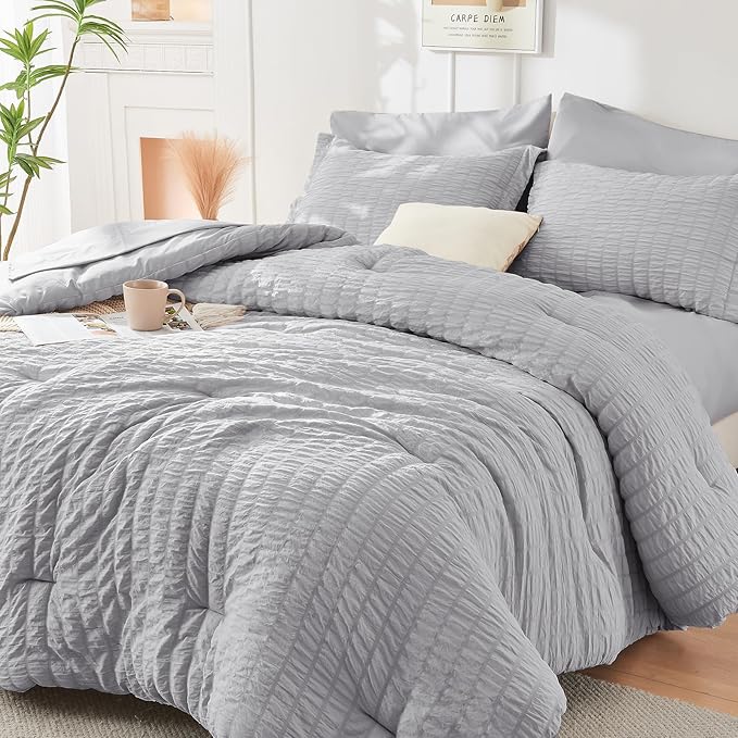 HYMOKEGE Light Grey Full Size Comforter Sets Seersucker 7 Pieces, All Season Luxury Bed in a Bag for Bedroom, Bedding Set with Comforters, Sheets, Pillowcases & Shams