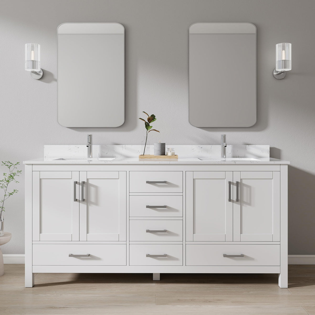 Fully Assembled 72 Inch Bathroom Vanity with Double Sink, Solid Rubber Wood