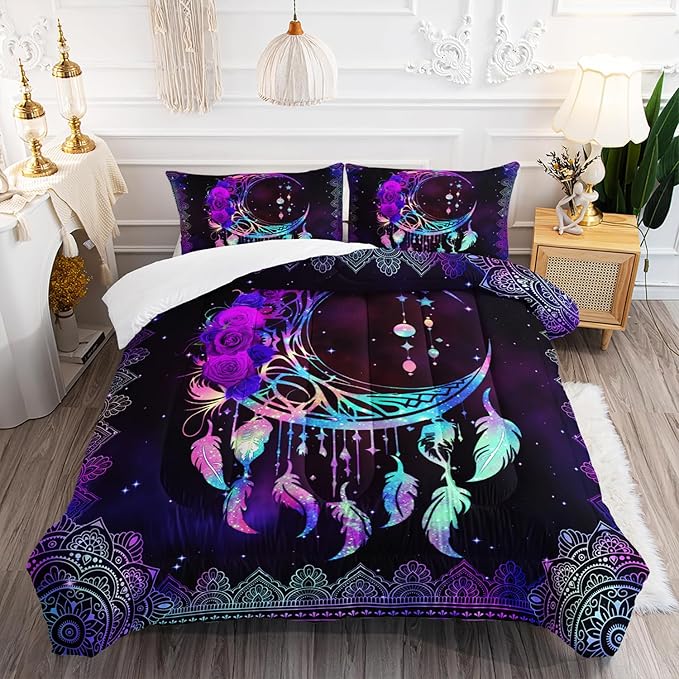 AILONEN Purple Galaxy Moon Comforter Set, Mandala Bohemian Bedding Set Twin Size,Moon Dream Catcher Starry Comforter Boys Girls Bed in a Bag Duvet Set, 1 Quilt and 2 Pillowcases