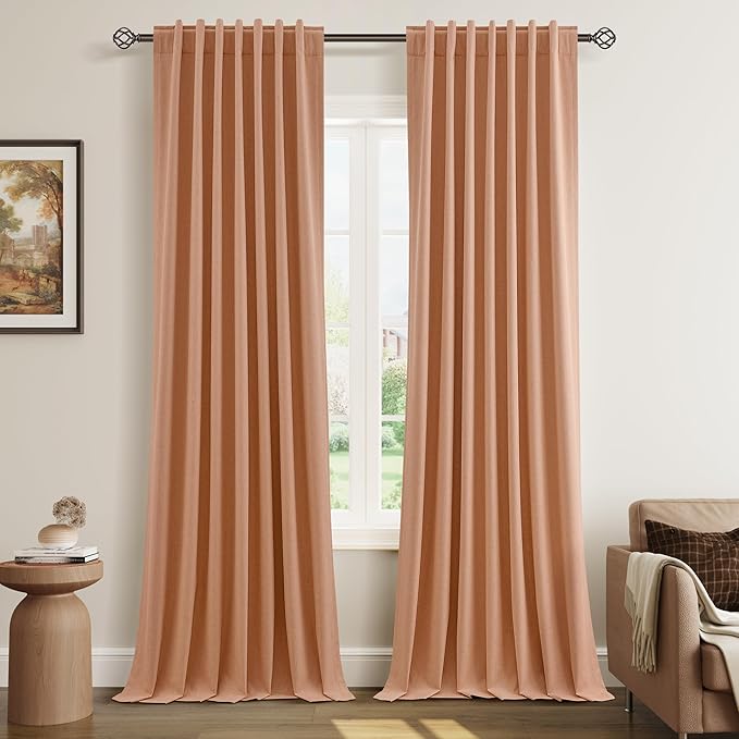 Guken 100% Blackout Curtains 102 Inch Length 2 Panels Set for Living Room Bedroom Back Tab Thermal Insulated Black Out Linen Drapes Room Darkening Peach Quartz,52x102