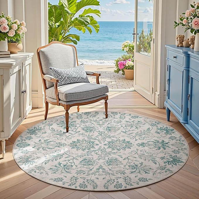 jinchan Torino Classic Floral Round Rug 5ft Vintage-Inspired Design 5’Circle Rug Machine Washable Ultra-Thin Low-Pile Non-Slip Indoor Carpet for Bedroom Dining Room Living Room Entryway