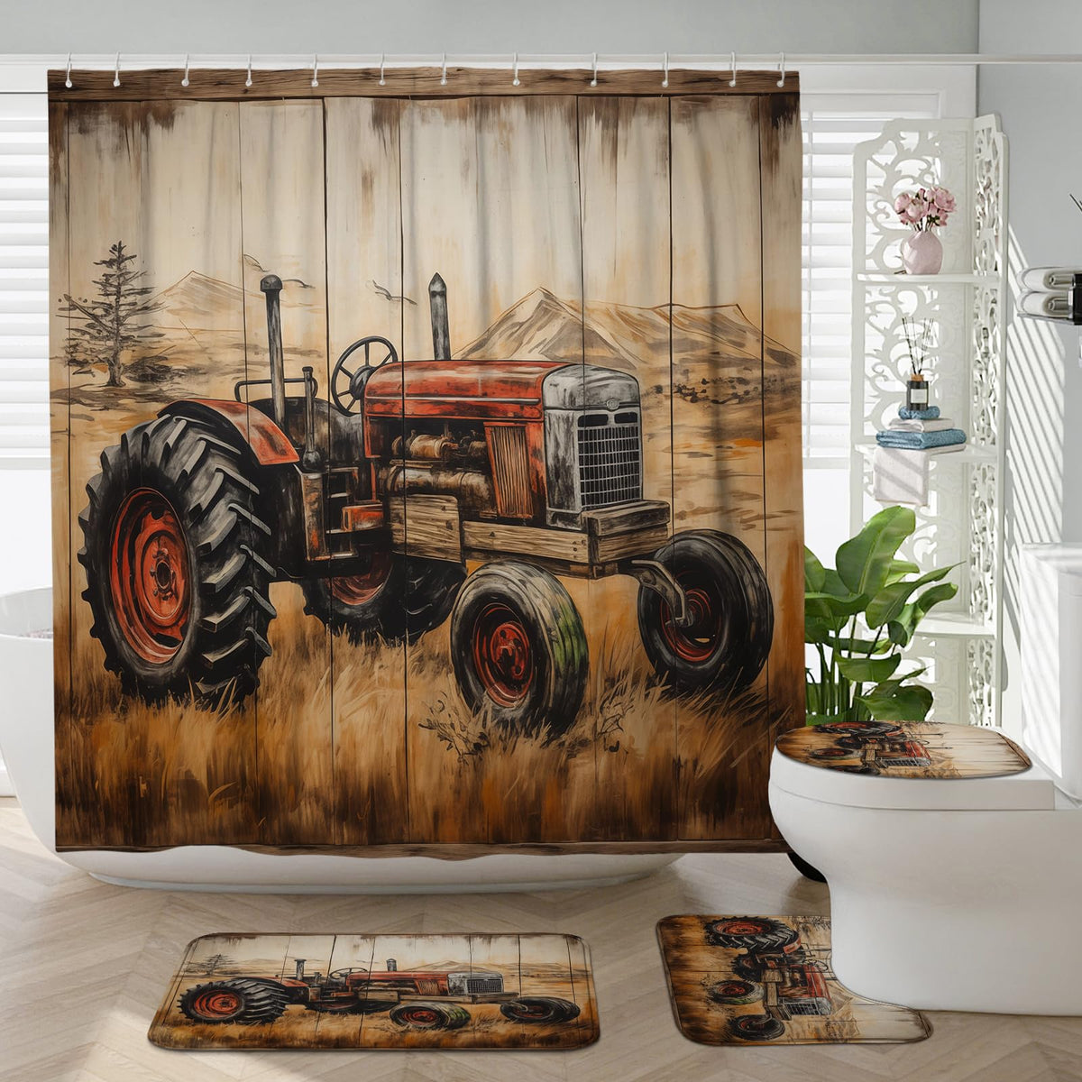 Witzest 4Pcs Rustic Wood Tractor Shower Curtain Sets with Non-Slip Rug, U Shape and Toilet Lid Cover Mat, Farmhouse Home Bathroom Decor Set Accessories with 12 Hooks, 72 x 72 Inch