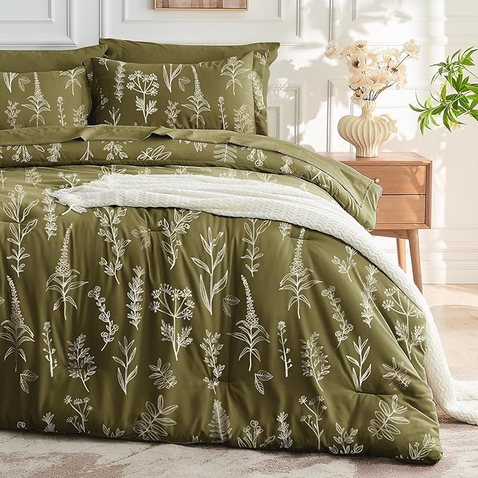 MUXHOMO Olive Green Bed in a Bag Queen 7 Pieces, Queen Comforter Set Reversible Botanical Flowers Design, Ultra Soft & Breathable Bedding Sets with Comforter, Sheets, Pillowcases & Shams