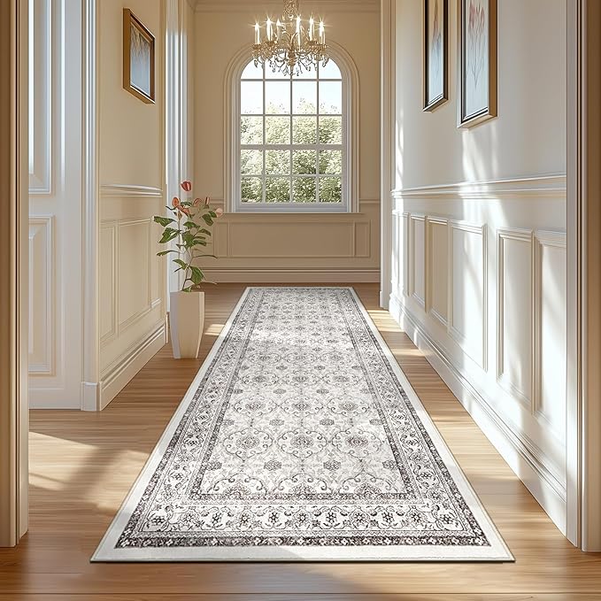 jinchan Hallway Runner Rug 3x8 - Machine Washable Beige Vintage Floral Distressed Design Soft Non-Slip Low-Pile Ultra-Thin Runner Rug for Kitchen Laundry Room Bedroom Farmhouse (3‘x8', Beige)