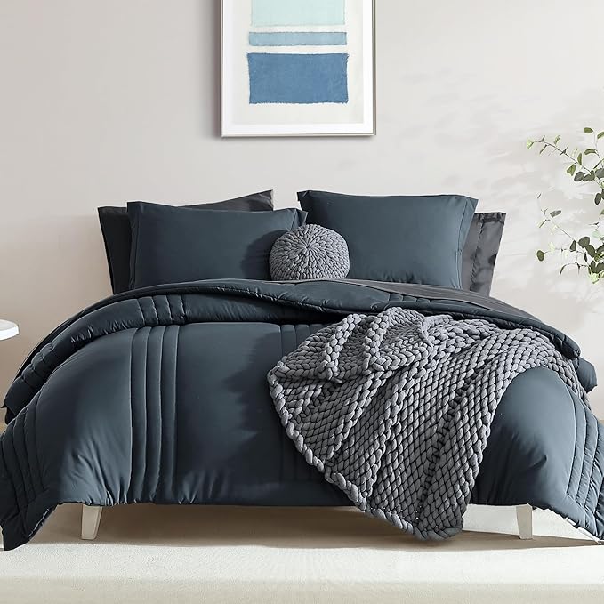 Monbix Oversized Queen Comforter Set - 7 Pieces Blue Grey Bed in a Bag Oversized Queen Bedding Sets with Comforters, All Seasons Down Alternative Comforter Bed Set with Sheets,Pillowcases & Shams