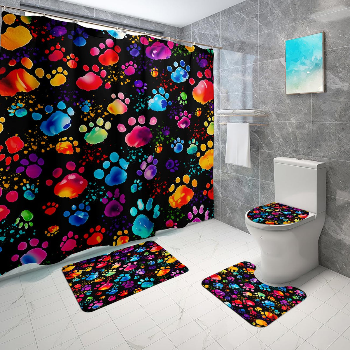 BATATADOCE 4 Pcs Colorful Cat Claw Print Kids Shower Curtain Set - Dog Paws Funny Animal Shower Curtain for Bathroom with Mats and U-Shaped Toilet Rug,12 Hooks,70 x 70