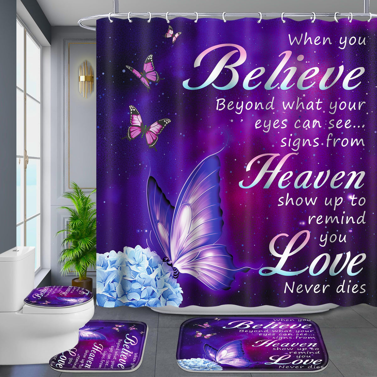 Poedist 4-Piece Purple Butterfly Bathroom Set with Non-Slip Rug, Toilet Seat and Floor Mat (with 12 Hooks), Floral Shower Curtain Set, Bathroom Set with Rug and Accessories