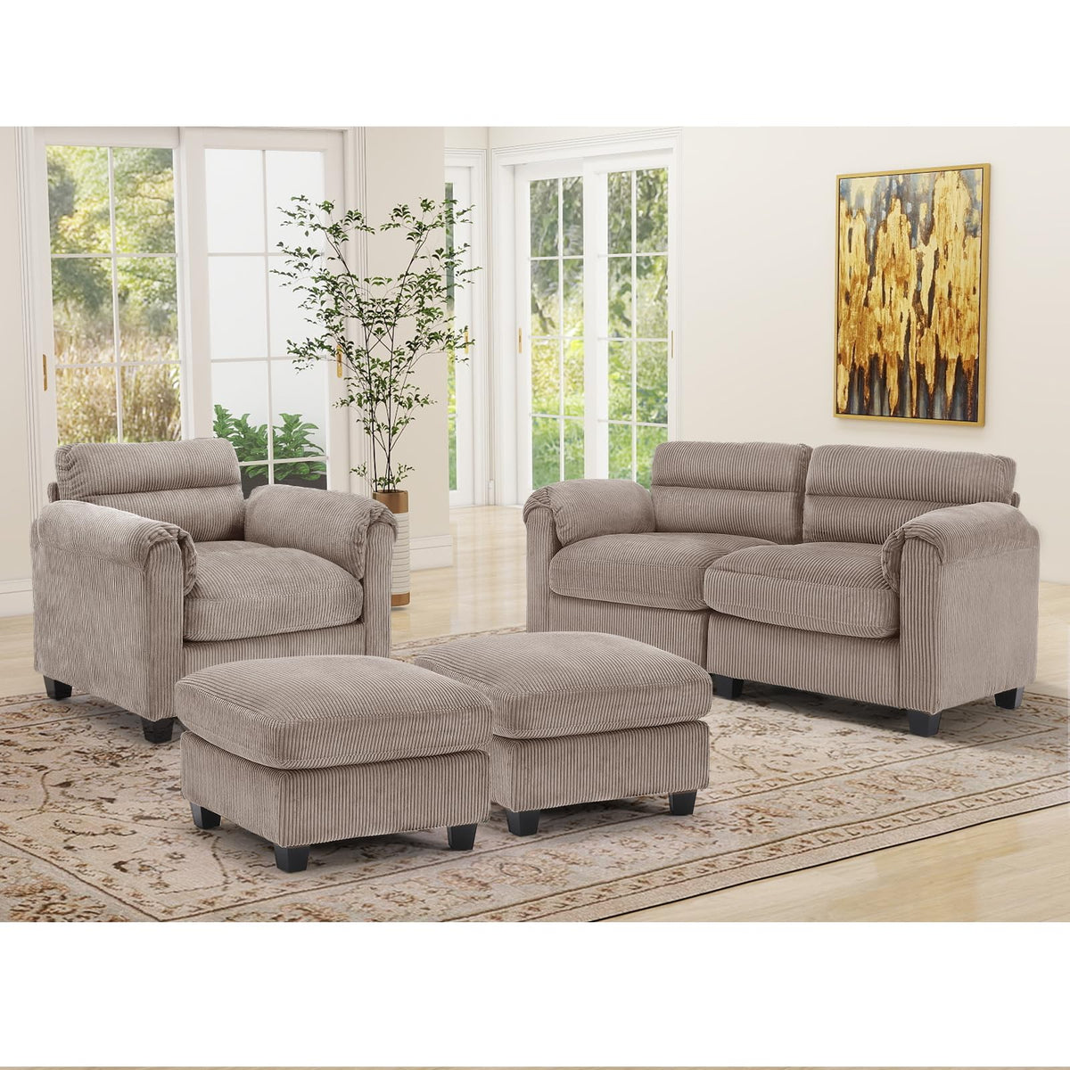 HAOMARKETS Corduroy 4-Piece Sofa Set, Upholstered Ottoman Set of 2, Accent Chair and Loveseat 2-Seater Sofa Couches with Plush Cushions and Rolled Arms, Modern Living Room Furniture Sets, Brown