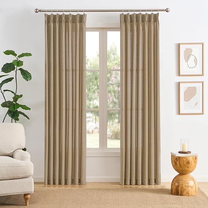 Dark Flax Pinch Pleated Linen Curtains 96 Inches Long Semi Sheer Memory Trained Ripple Fold Curtain with Hooks Back Tab Textured Light Filtering Drapes for Bedroom Living Room 42x96 Set of 2