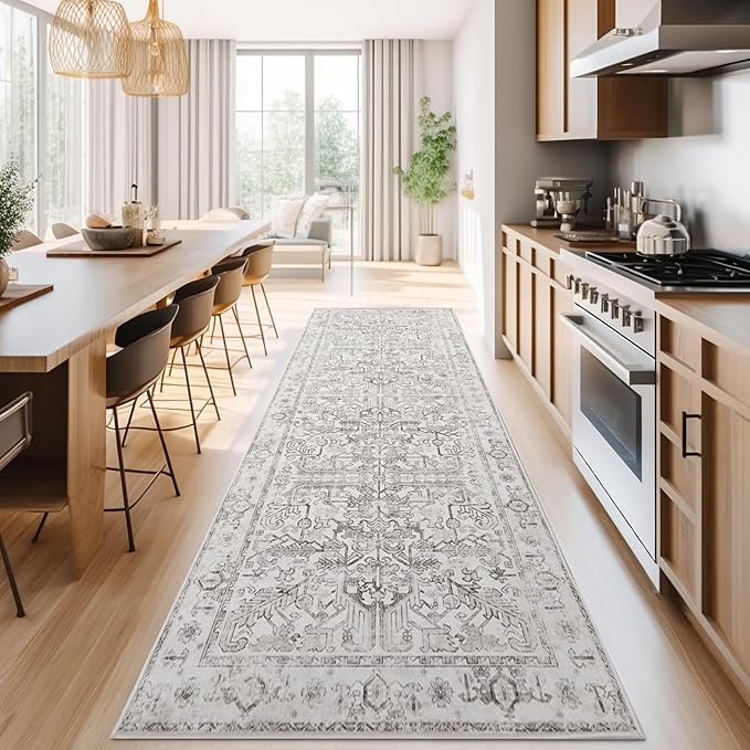 jinchan Lima Kitchen Runner Rug 3x7 - Vintage Floral Machine Washable Non-Slip Hallway Runner Rug with Rubber Backing Ultra-Thin Carpet for Bedroom Laundry Room Farmhouse (3x7ft, Taupe)