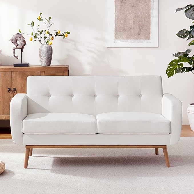 HUIMO Sofa Couch, Mid Century Modern Sofa with Solid Wood Frame, Button Tufted Couch for Bedroom, Living Room, Office, Apartment (White, 60 inch)