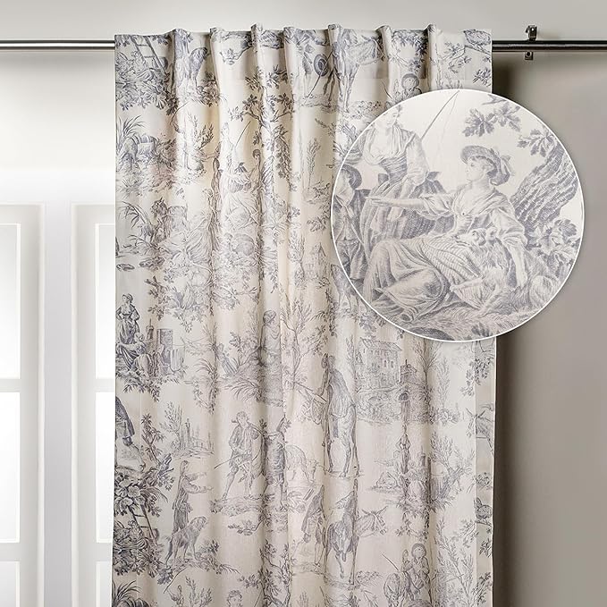 Maison d' Hermine Curtains for living room 100% Cotton 96 inch length One Panel Light Filtering Toile Curtain for Bedroom Windows with rod and loop Pockets Drapes (The Miller Paloma Gray, 50"W x 96"L)