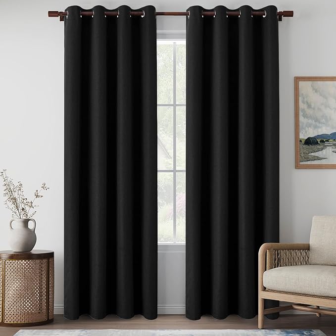 100% Blackout Linen Curtains 80 Inches Long 2 Panels for Bedroom, Heat Blocking Thermal Insulated Room Darkening Anti-Rust Grommet Curtains for Patio Door, Black, W52 x L80, 2 Panels