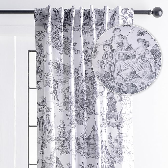 Maison d' Hermine Curtains for Living Room 100% Cotton 124 inch Length One Panel Light Filtering Toile Curtains with Rod and Loop Pockets (The Miller Paloma Gray (White Background), 50" W x 124" L)