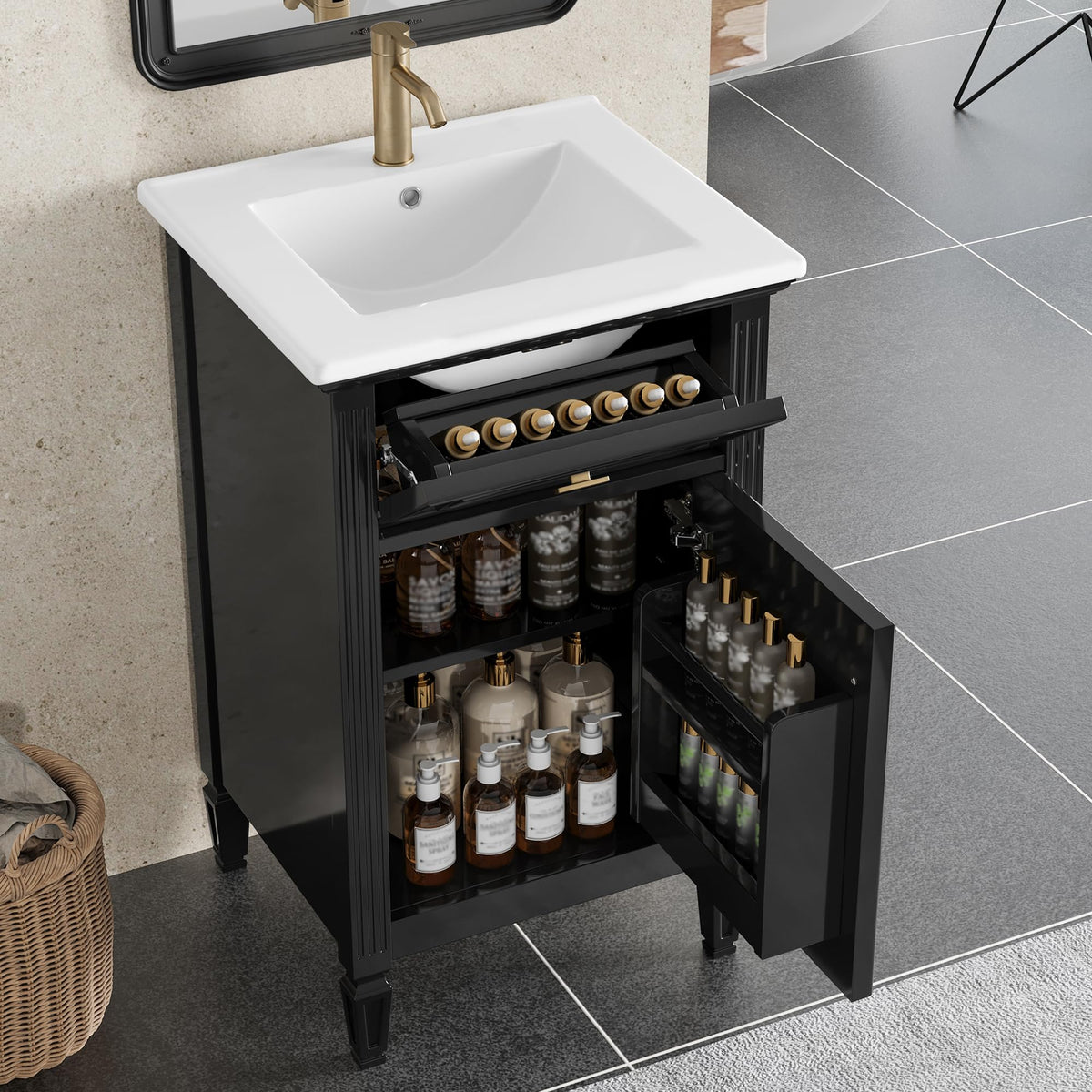 20" Bathroom Vanity with Sink,Modern Ceramic Single Sink Vanity with Tilt-Out Drawer Soft-Close Door Rack & Adjustable Shelf,Freestanding Bath Vanity with 4 Solid Wood Legs,Space-Saving,Black