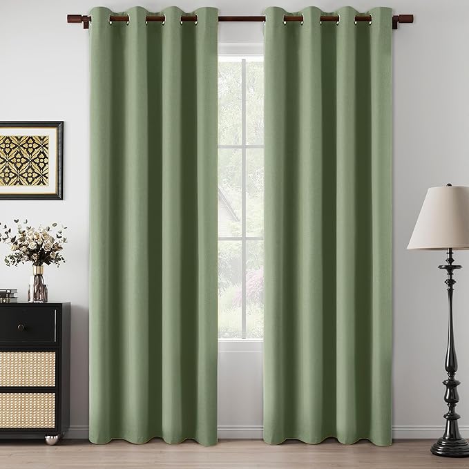 Total Blackout Green Curtains 90 Inches Long for Bedroom Living Room, 100% Blackout Thermal Insulated Linen Look Drapes Room Darkening Grommet Curtains, Sage Green, W52 x L90, 2 Panels