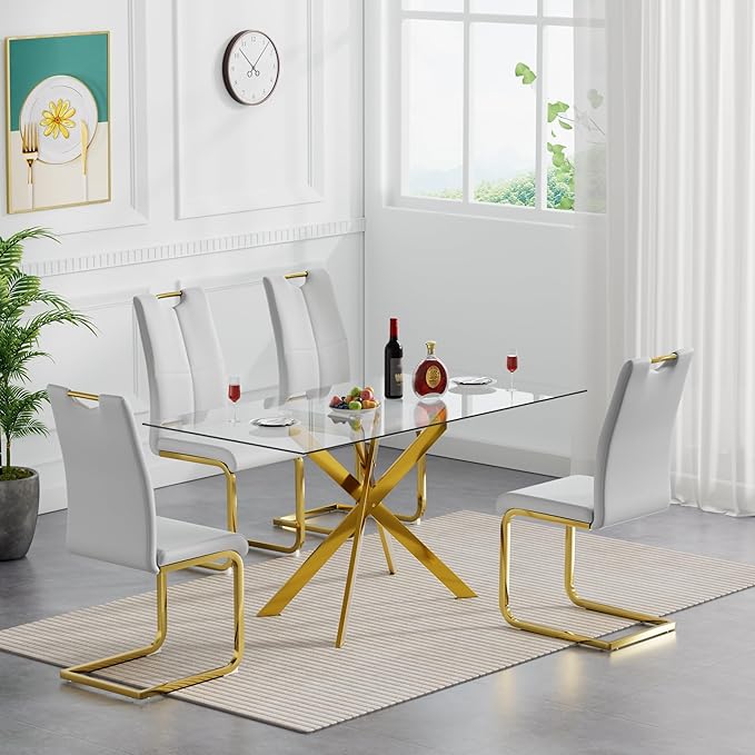 5 Piece Glass Dining Table Set, Glass Kitchen Dining Room Table Set for 4, 61" Modern Rectangular Gold Glass Metal Dining Table with 4 Grey PU Leather Dining Chairs for Kitchen Dining Room