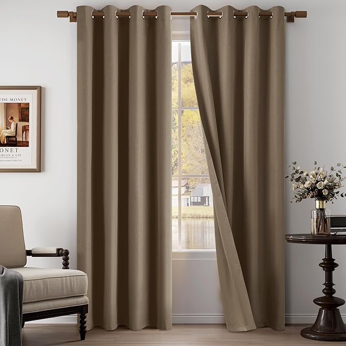 100% Blackout Linen Textured Curtains 84 Inch Length 2 Panels Set for Living Room, Bedroom, Light Weight Curtains with Grommets Top, Full Blackout Curtains Privacy Protection, Brown, 52" W x 84" L