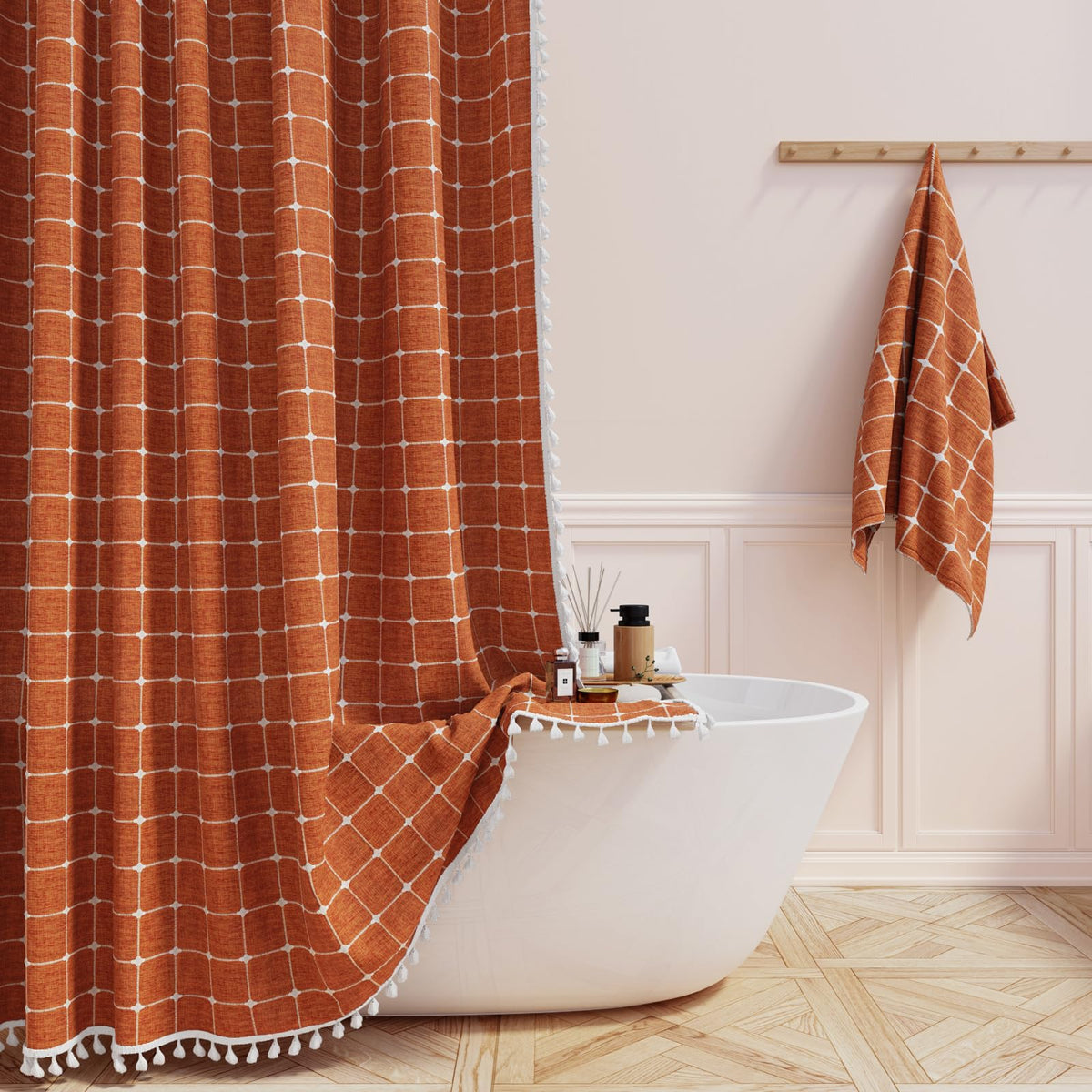 BTTN 72x78 Boho Farmhouse Linen Heavy Duty Shower Curtain Set, Burnt Orange