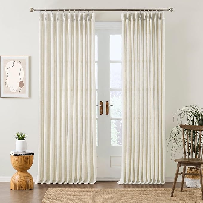 Natural Pinch Pleated Curtains 100 Inches Long Set of 2, Linen Drapes Back Tab with Hooks,Light Filtering Window Curtain Panels for Living Room 70 Width 100 Length